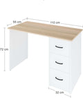 Aure Desk with oak wood effect top and white melamine base, featuring three drawers and adjustable gliders, measuring 110 x 72 cm.