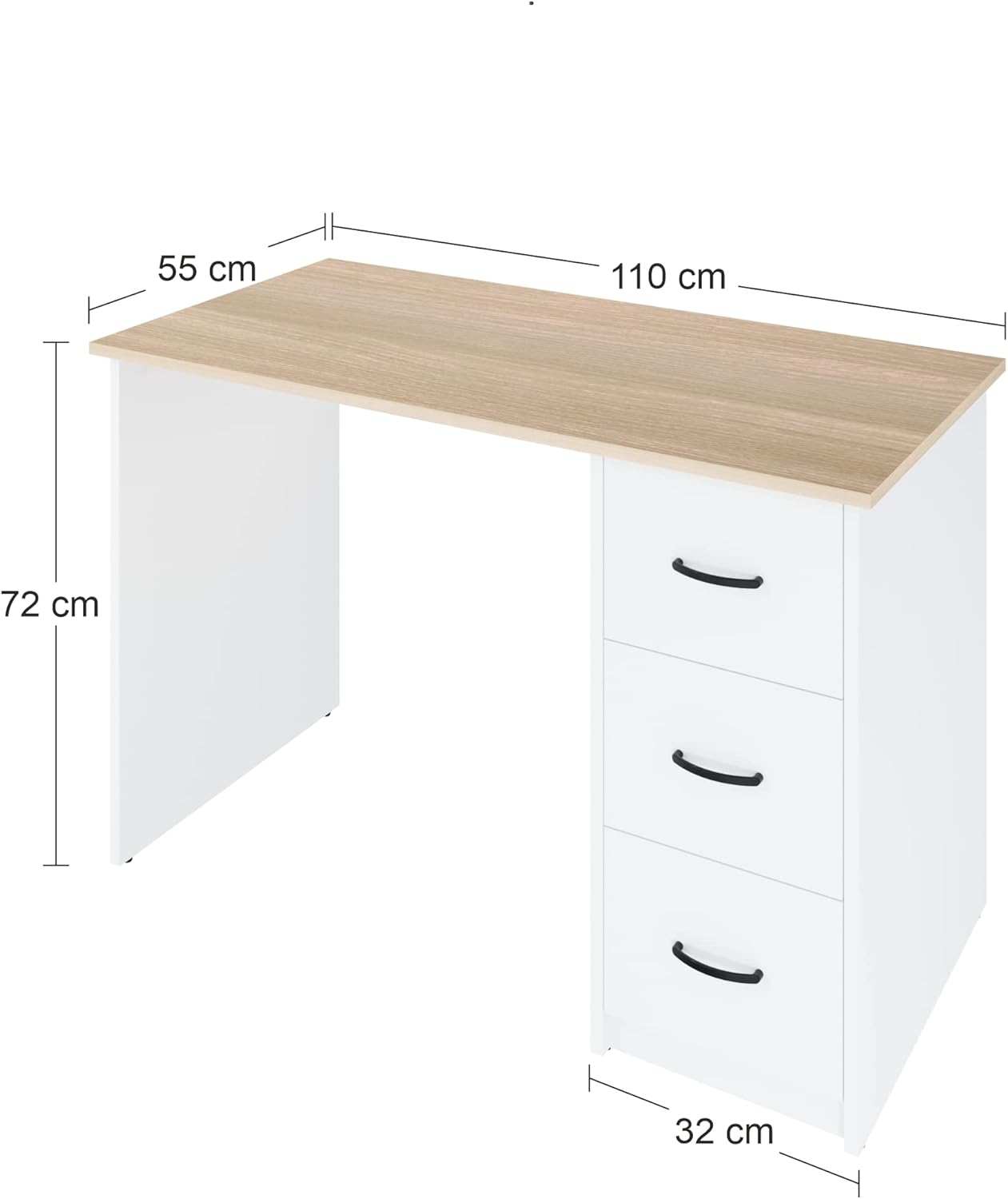 Aure Desk with oak wood effect top and white melamine base, featuring three drawers and adjustable gliders, measuring 110 x 72 cm.