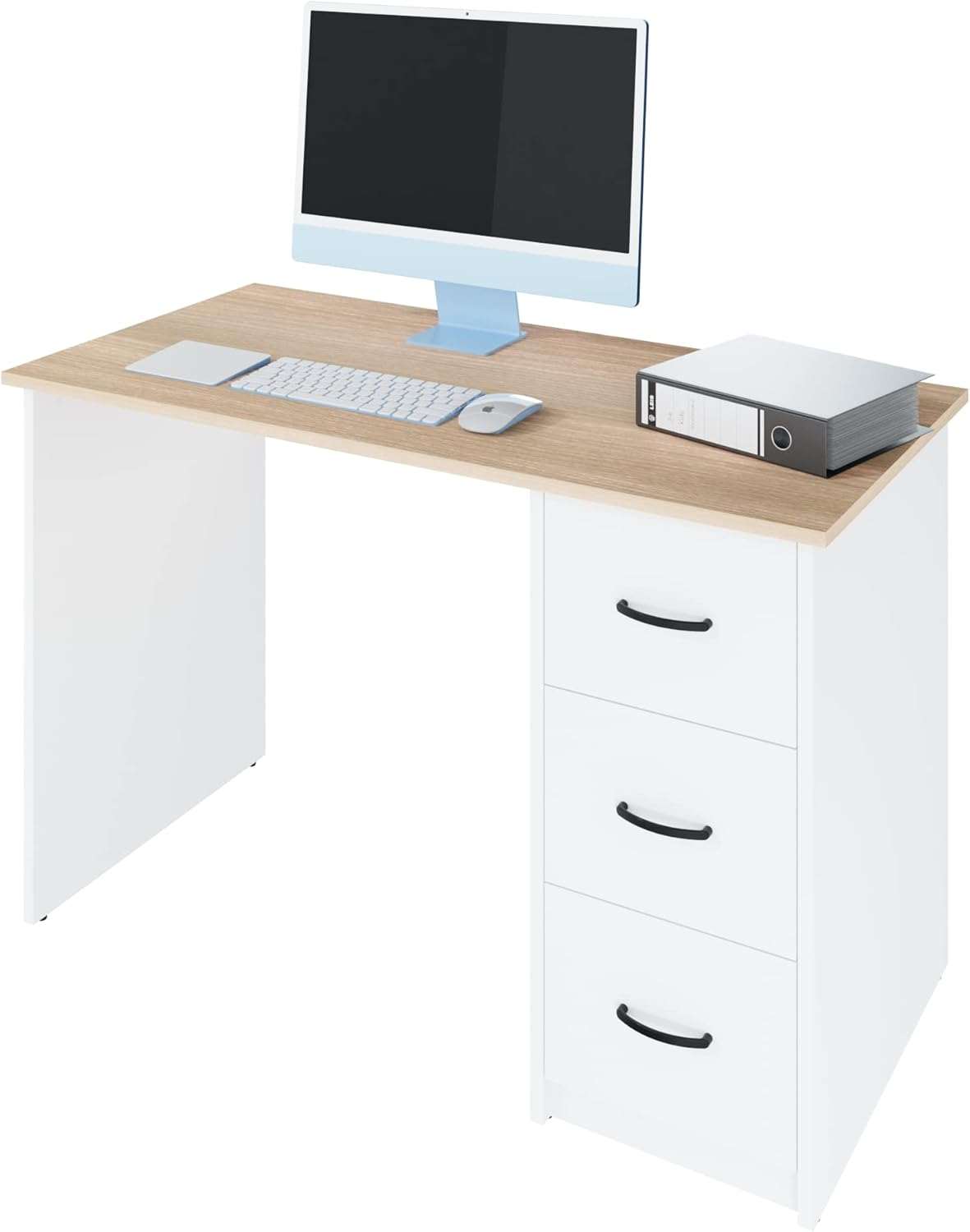 Aure Desk with oak wood effect top and white base, featuring three drawers and spacious surface for computer and office essentials.