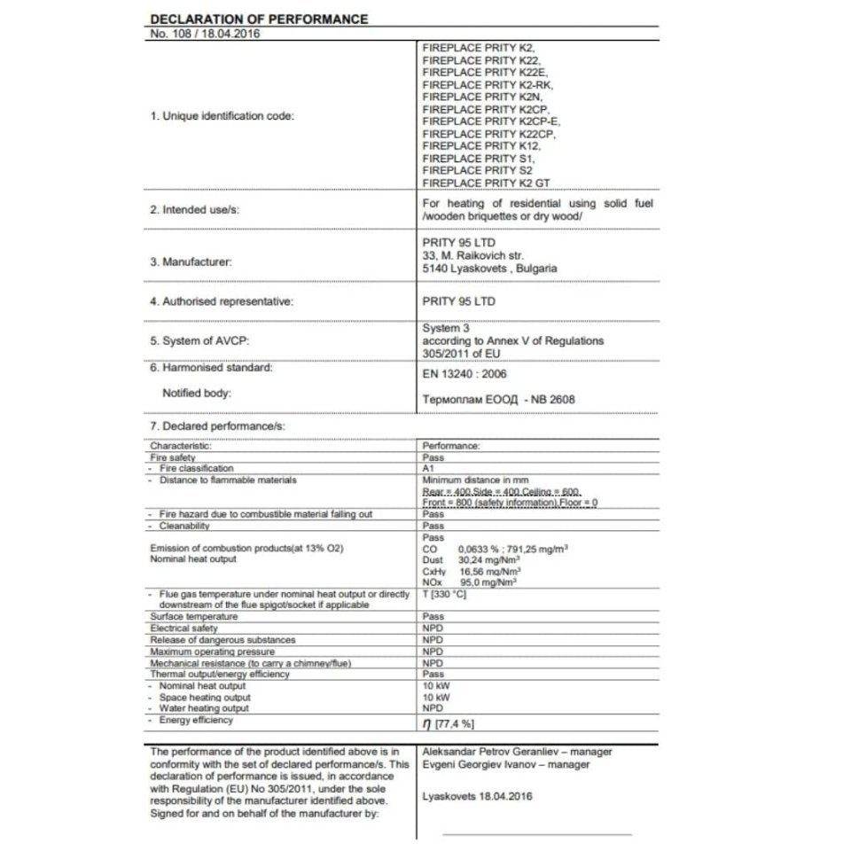 Fireplace PRITY K2 CP energy efficiency label showing product specifications and emissions data