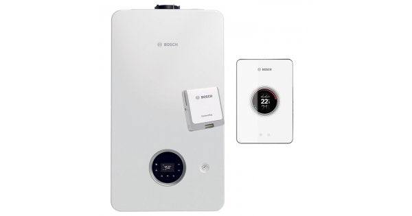 Bosch Condens 2300i W wall-mounted gas condensing boiler with wireless smart controller in white.