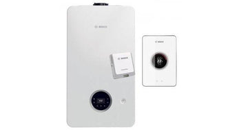 Bosch Condens 2300i W wall-mounted gas condensing boiler with wireless smart controller in white.