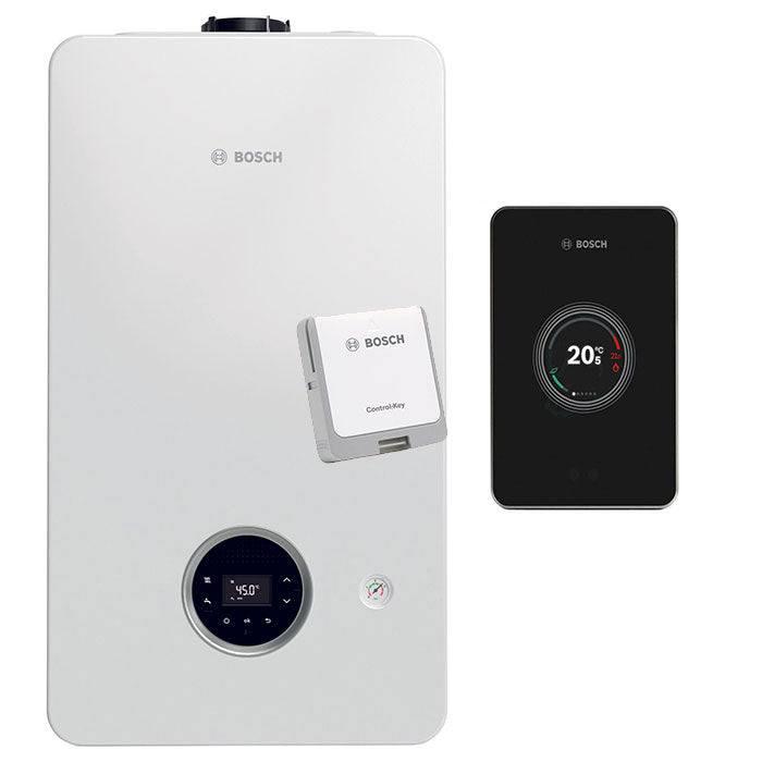 Bosch Condens 2300i W wall-mounted gas boiler with wireless smart controller and EasyControl RF key in black for efficient home heating and hot water.