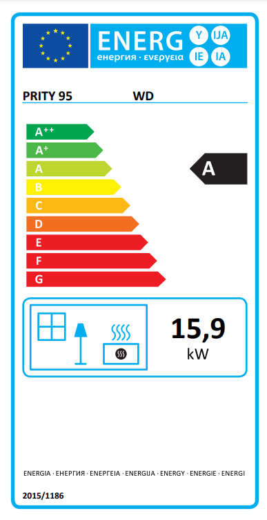 Kaminofen Prity WD energy label showing class A efficiency and 15.9 kW heat Leistung