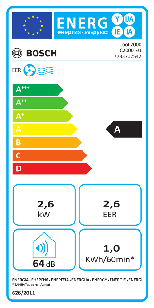 Bosch Cool 2000 mobile Klimaanlage with 2.6 kW cooling capacity, energy class A, and 64 dB noise level.