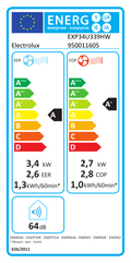EU energy label Electrolux EXP34U339HW (950011605) – cooling class A (3.4 kW, EER 2.6), heating class A+ (2.7 kW, COP 2.8), 64 dB – Regulation (EU) 626/2011