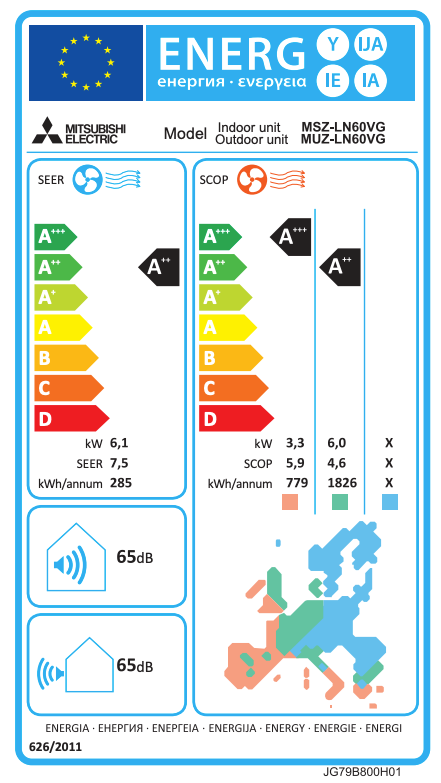 Mitsubishi Electric MSZ-LN60VGB Klimaanlage – EU-Energielabel