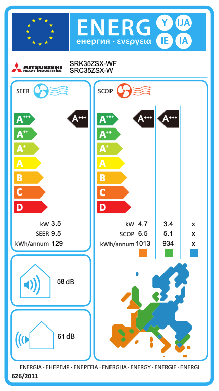 Mitsubishi Heavy Industries SRK35ZSX-WFB Klimaanlage – EU-Energielabel