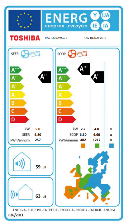 Toshiba RAS-B18J2FVG-E1 air conditioner – EU energy label