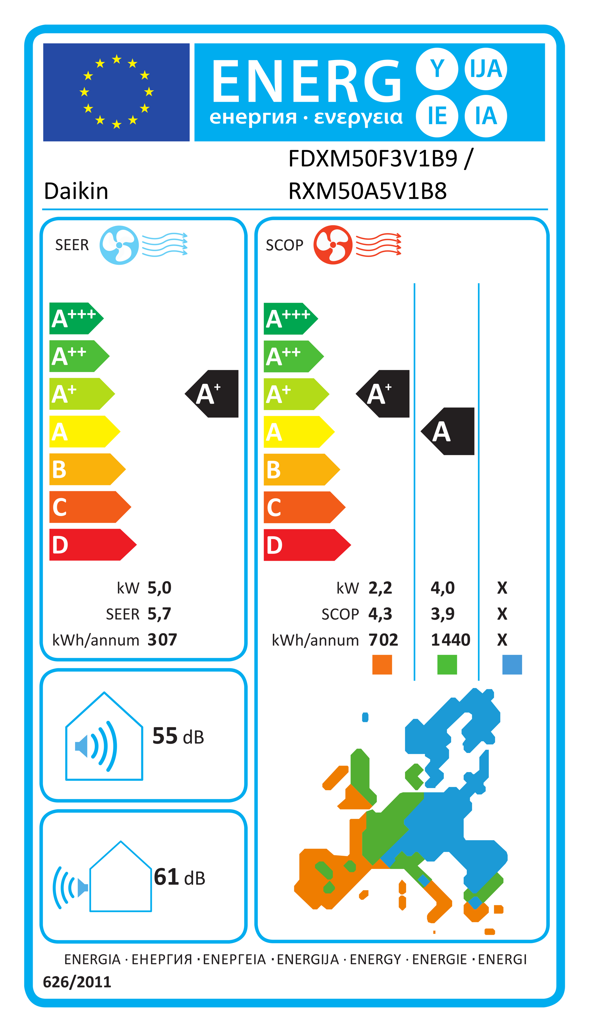 EU Energy Label Daikin FDXM50F3V1B9 / RXM50A5V1B8