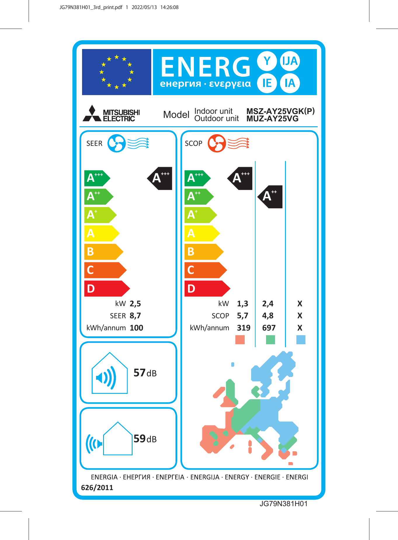 Mitsubishi Electric MSZ-AY25VGK air conditioner – EU energy label