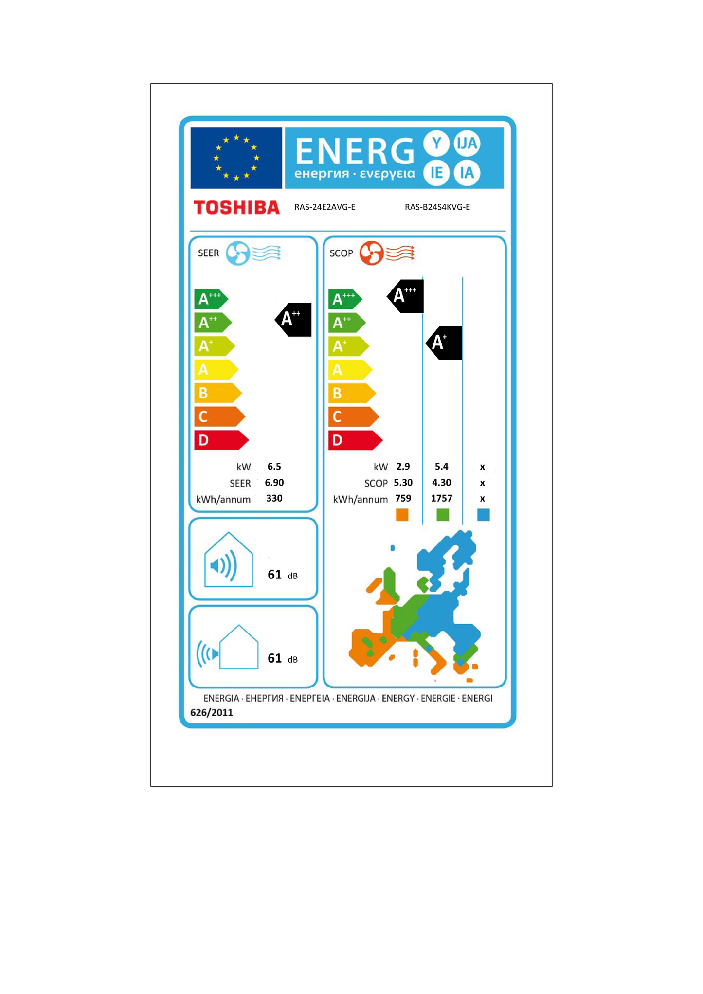 Toshiba Yukai Plus RAS-B24S4KVG-E air conditioner – EU energy label