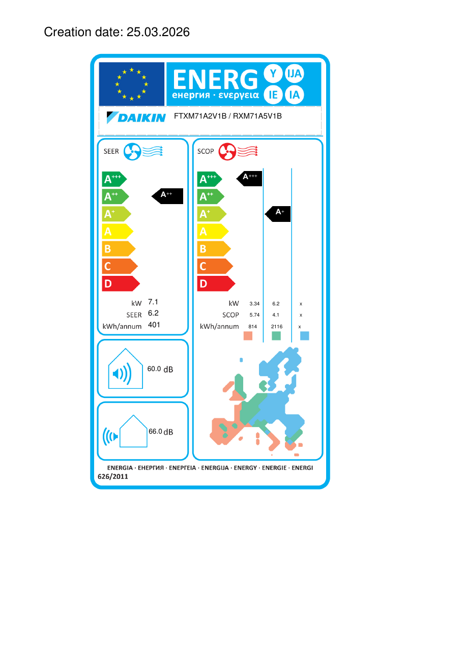 EU Energy Label Inverter Air conditioner Daikin Perfera FTXM71A + RXM71A / 24 000 BTU