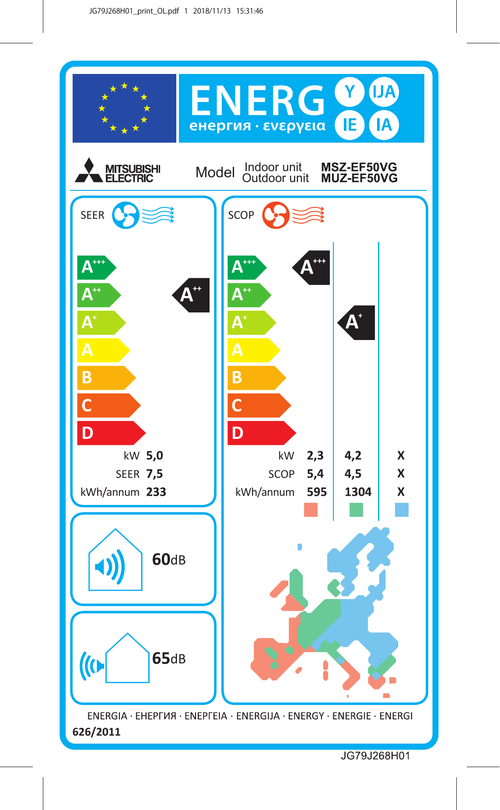 Mitsubishi Electric MSZ-EF50VGKS air conditioner – EU energy label