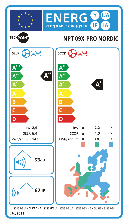 EU Energy Label Inverter Air conditioner TechPoint NPT 09 X-PRO NORDIC / 9 000 BTU