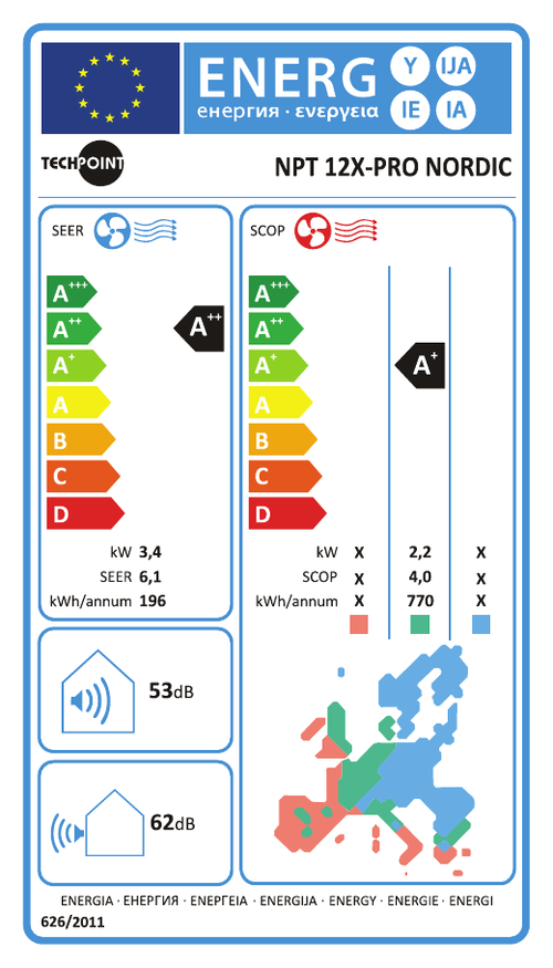 EU Energy Label Inverter Air conditioner TechPoint NPT 12 X-PRO NORDIC / 12 000 BTU