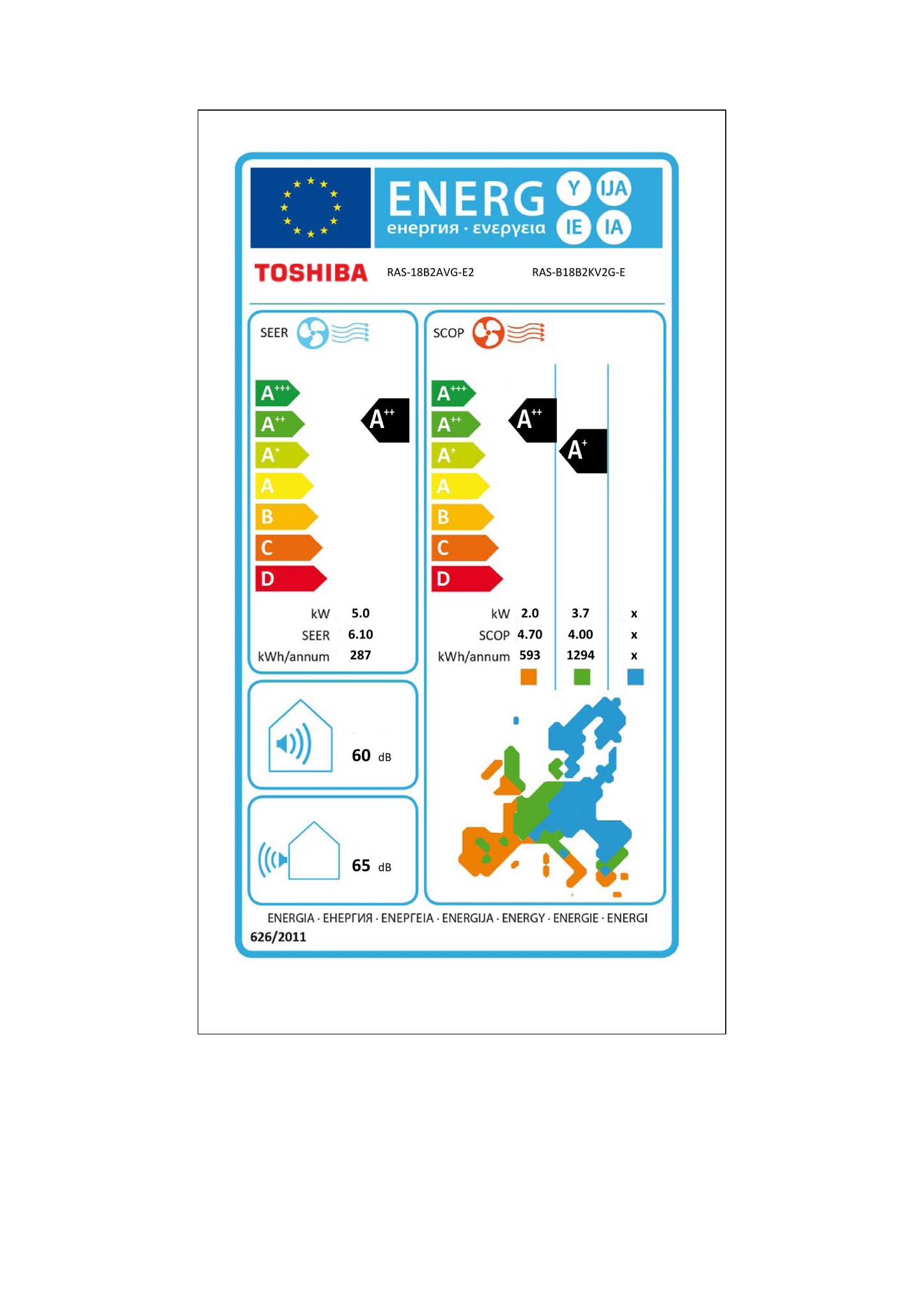 Toshiba RAS-B18B2KV2G-E air conditioner – EU energy label