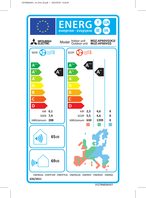 Mitsubishi Electric MSZ-AP60VGK Klimaanlage – EU-Energielabel