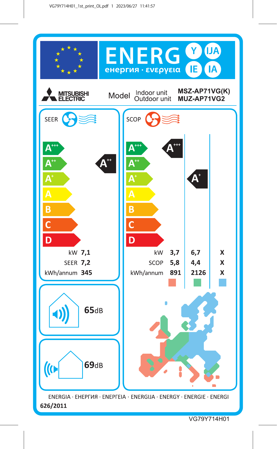 Mitsubishi Electric MSZ-AP71VGK air conditioner – EU energy label