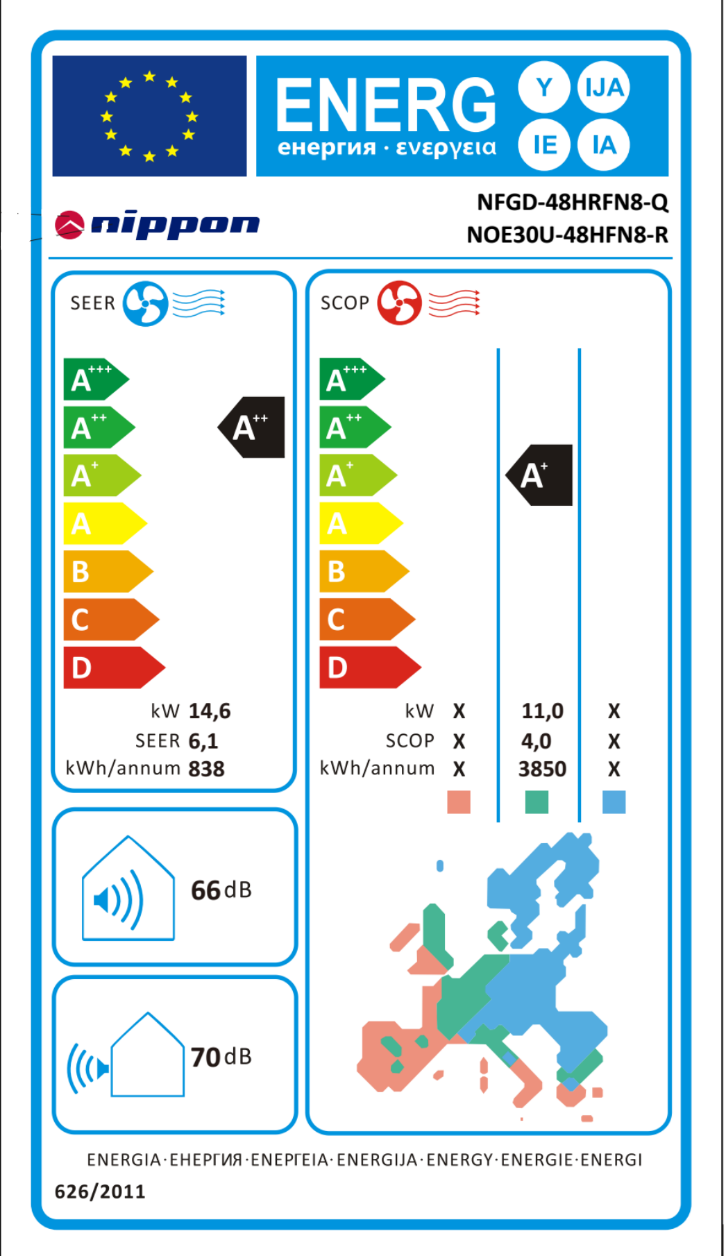 EU Energy Label Nippon NFGD-48HRFN8-Q + NOE30U-48HFN8-R Column Air Conditioner – 48 000 BTU