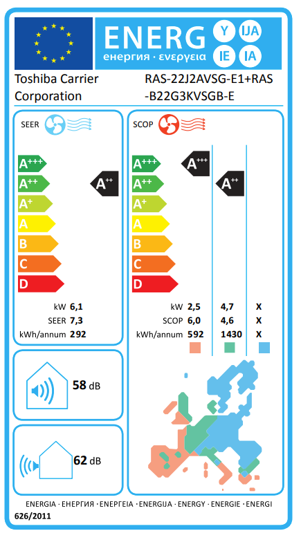 Toshiba RAS-B22G3KVSGB-E air conditioner – EU energy label