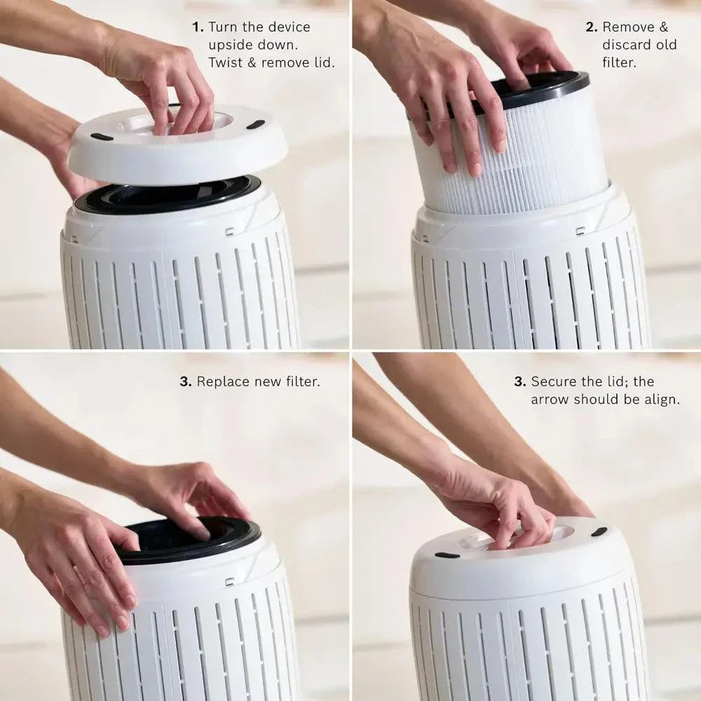 Step-by-step replacement of spare filter for Bosch Air 2000 air purifier with hands removing old filter and securing new one