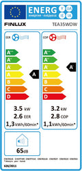 EU energy label Finlux TEA35WOW: class A cooling (EER 2.6), class A+ heating (COP 2.8), 65 dB