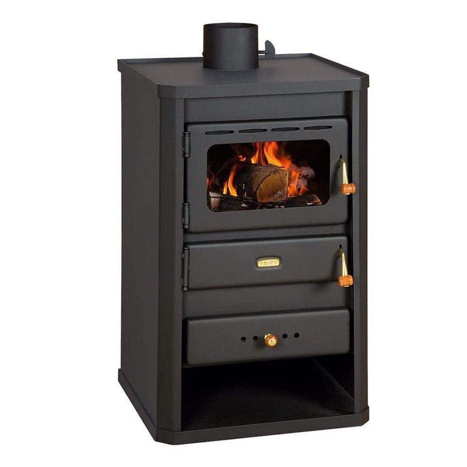 Fireplace Prity S2 10 kW graphite black wood and coal stove with ceramic glass door and refractory brick combustion chamber.
