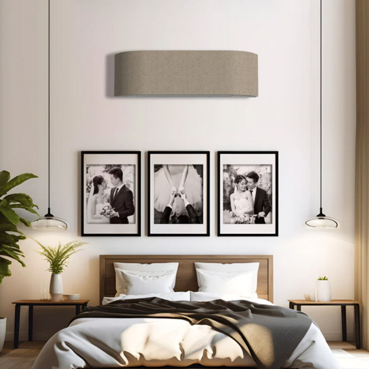 Bluish gray beige decorative panel for Toshiba Haori RB-I4104-E air conditioner mounted above bedroom bed.
