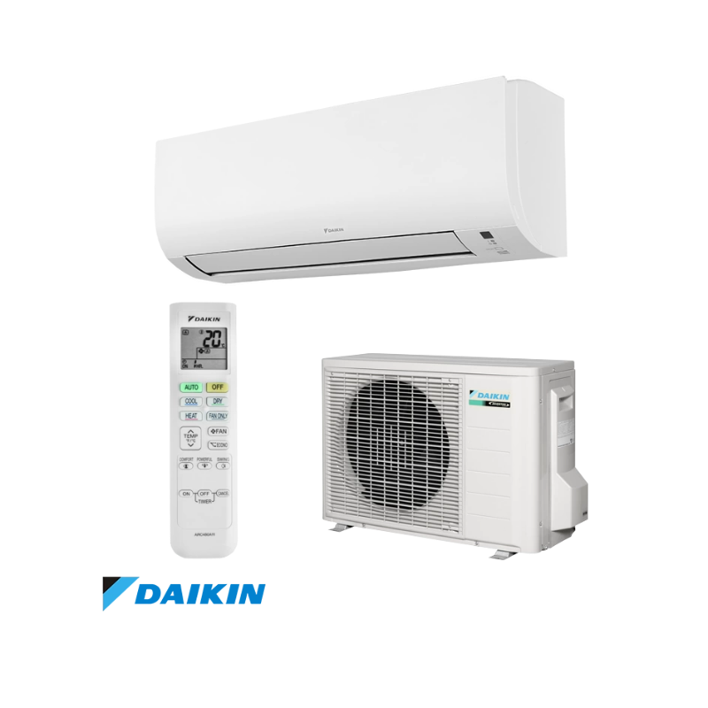 Daikin Comfora FTXP20N inverter air conditioner with remote control and outdoor unit, energy-efficient model with R-32 refrigerant.
