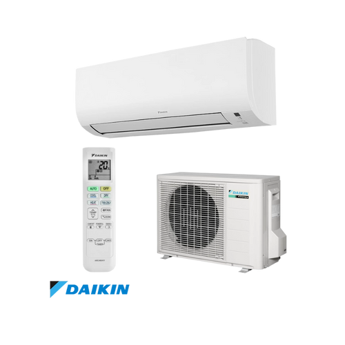 Daikin Comfora FTXP20N inverter air conditioner with remote control and outdoor unit, energy-efficient model with R-32 refrigerant.