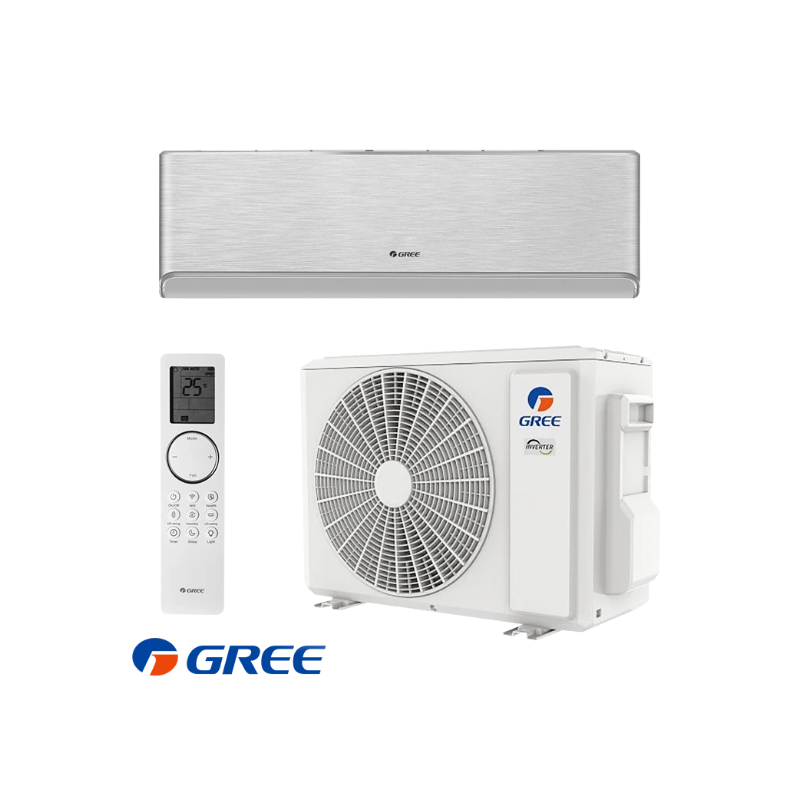 Inverter Klimaanlage Gree Airy GWH18AVDXE-K6DNA1A technical specifications table mit WLAN, cooling and heating capacities, energy efficiency, dimensions, and package details