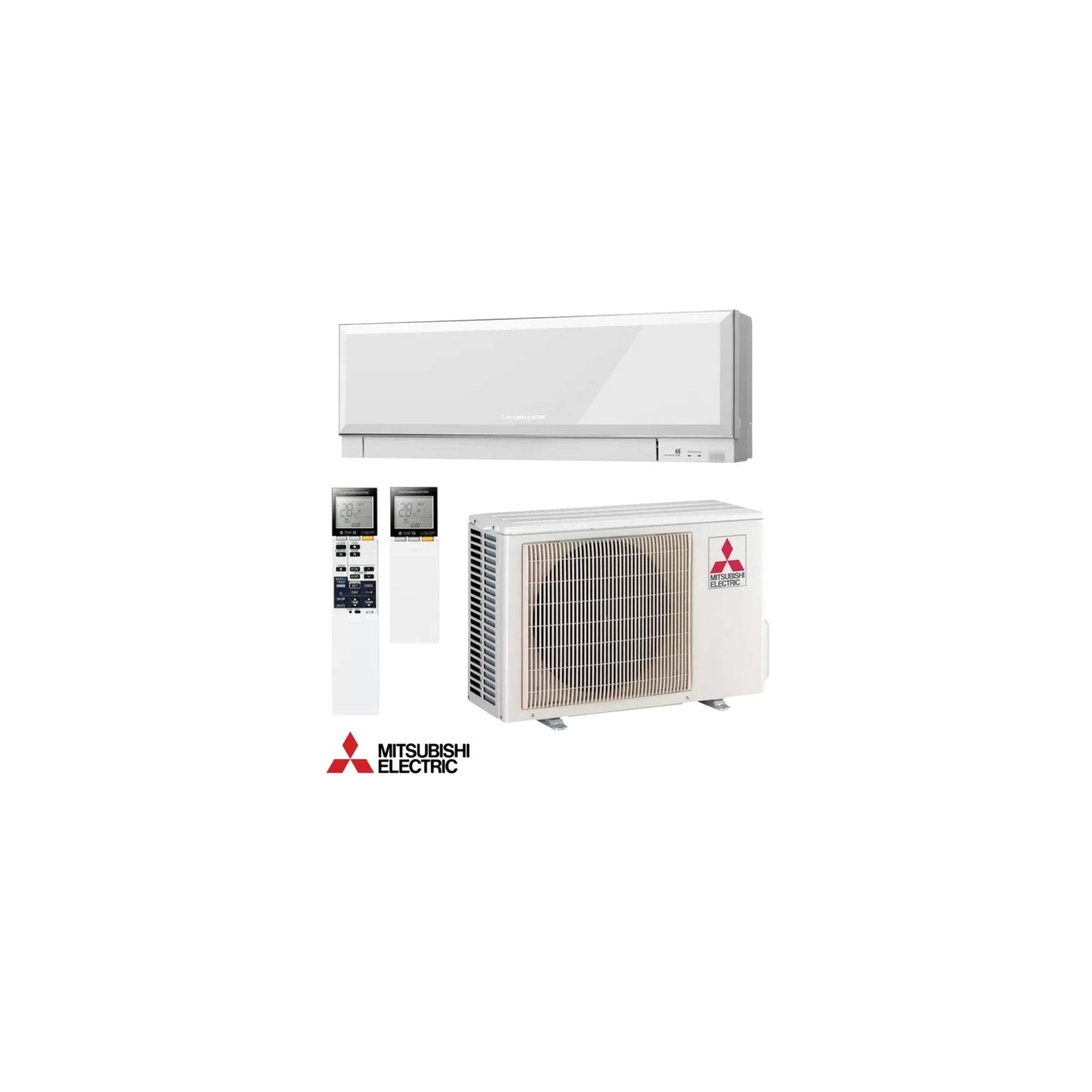 Mitsubishi Electric inverter air conditioner MSZ-EF35VGKW with MUZ-EF35VG outdoor unit, remote controls, and Wi-Fi connectivity.