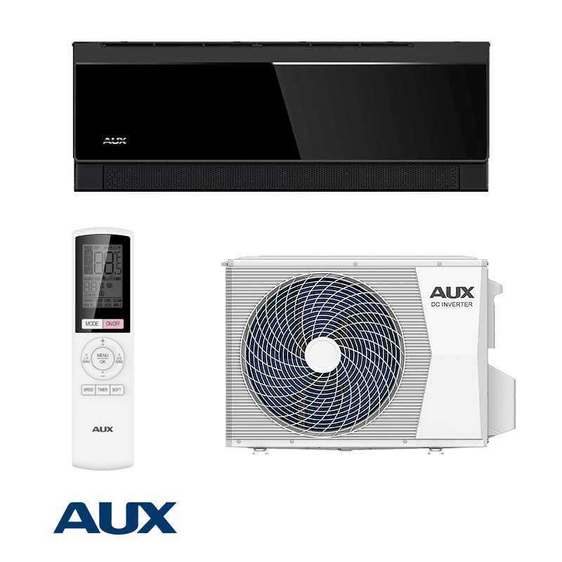 AUX C Comfort black inverter air conditioner 9000 BTU with Wi-Fi remote control, indoor and outdoor units, and energy-efficient design