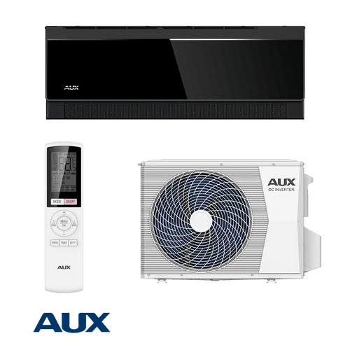 AUX C Comfort black inverter air conditioner 9000 BTU with Wi-Fi remote control, indoor and outdoor units, and energy-efficient design