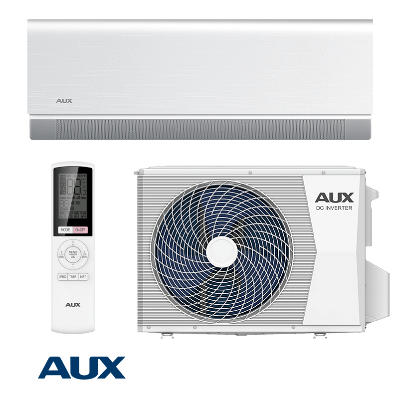AUX Inverter Air Conditioner ASW-H24F4A4 indoor unit, outdoor unit, and remote control with Wi-Fi and 24,000 BTU cooling capacity for rooms up to 41m².