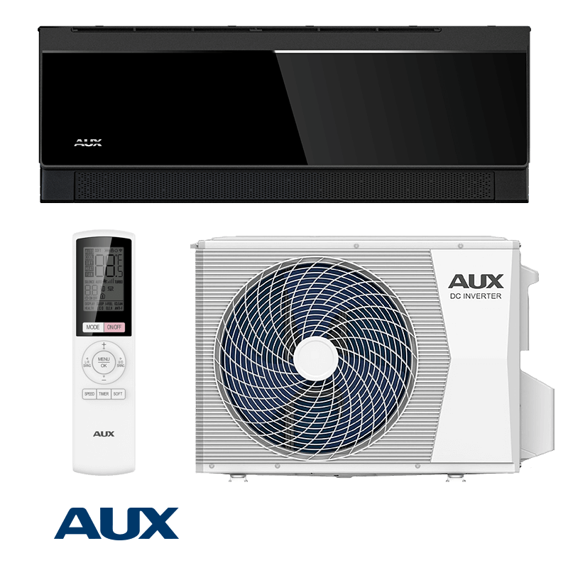 AUX Comfort Black 24,000 BTU inverter air conditioner with Wi-Fi remote control, sleek black indoor unit, and white outdoor DC inverter unit