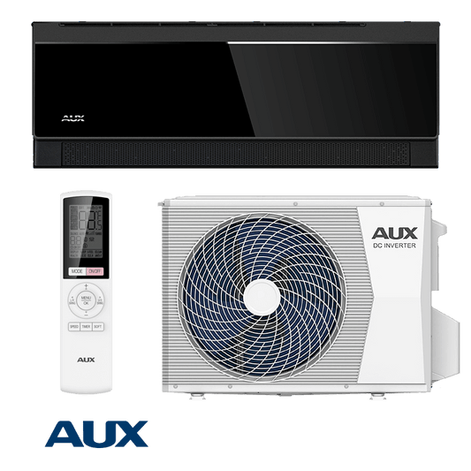AUX Comfort Black 24,000 BTU inverter air conditioner with Wi-Fi remote control, sleek black indoor unit, and white outdoor DC inverter unit