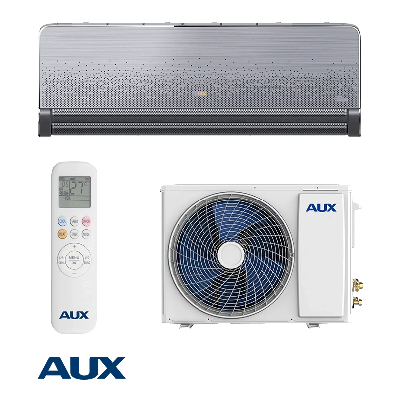 AUX inverter air conditioner with remote control and outdoor unit, 9000 BTU energy-efficient cooling and heating system for small rooms.