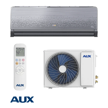 AUX inverter air conditioner with remote control and outdoor unit, 9000 BTU energy-efficient cooling and heating system for small rooms.