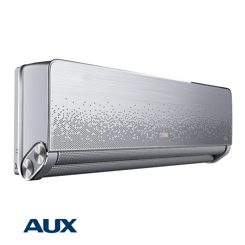 Modern AUX inverter air conditioner with sleek silver design, energy-efficient and Wi-Fi control option.