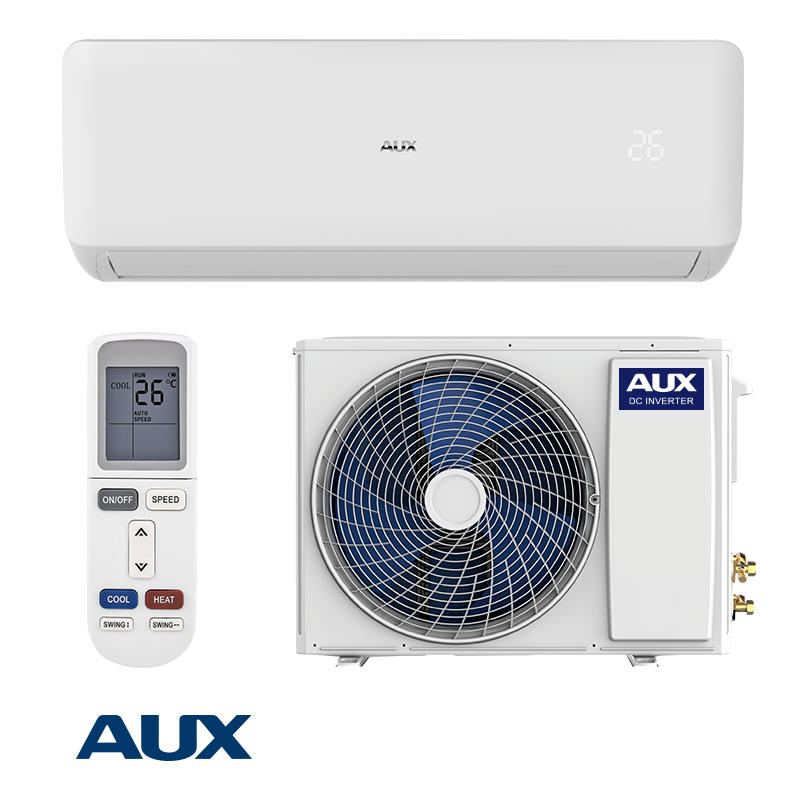AUX Freedom ASW-H18E0A4/FAR3DI-C0 inverter air conditioner with 18000 BTU, energy-efficient A++/A+ rating, vitamin C and charcoal filters, self-cleaning, compact design, and remote control.