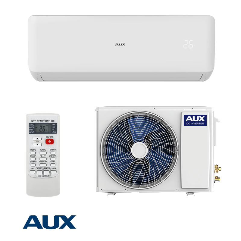 AUX Freedom ECO ASW-H09B6B4/FAR3DI-C0 inverter air conditioner with 9000 BTU capacity, white indoor unit, outdoor unit with blue fan, remote control, and energy-efficient design.