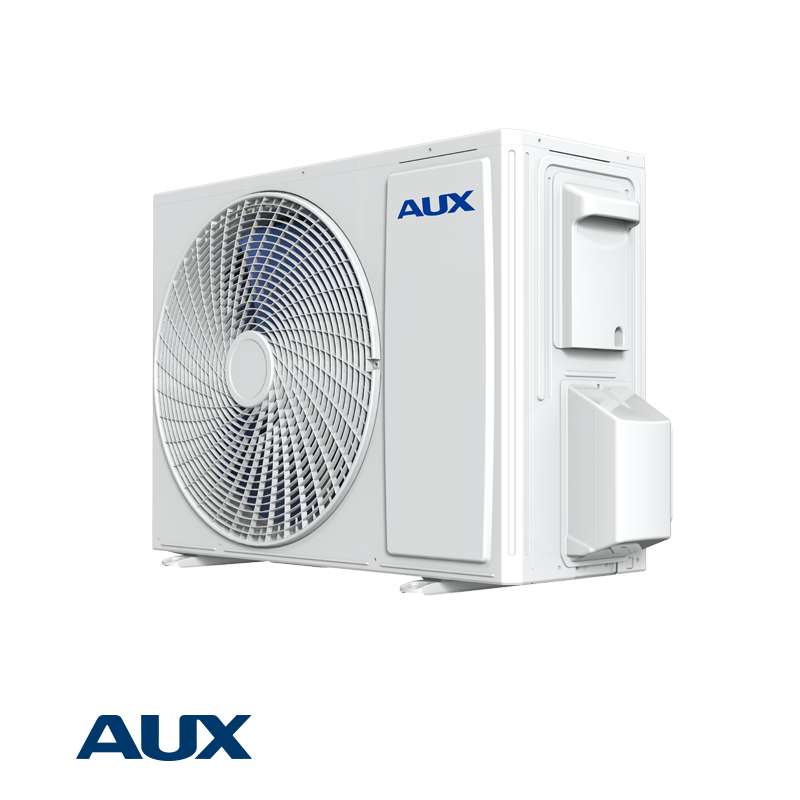 Outdoor unit of AUX J-Smart ASW-H09B5C4 inverter air conditioner with 9,000 BTU and Wi-Fi connectivity.