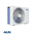 AUX J-Smart inverter air conditioner outdoor unit with large fan and white casing for energy-efficient cooling and heating.