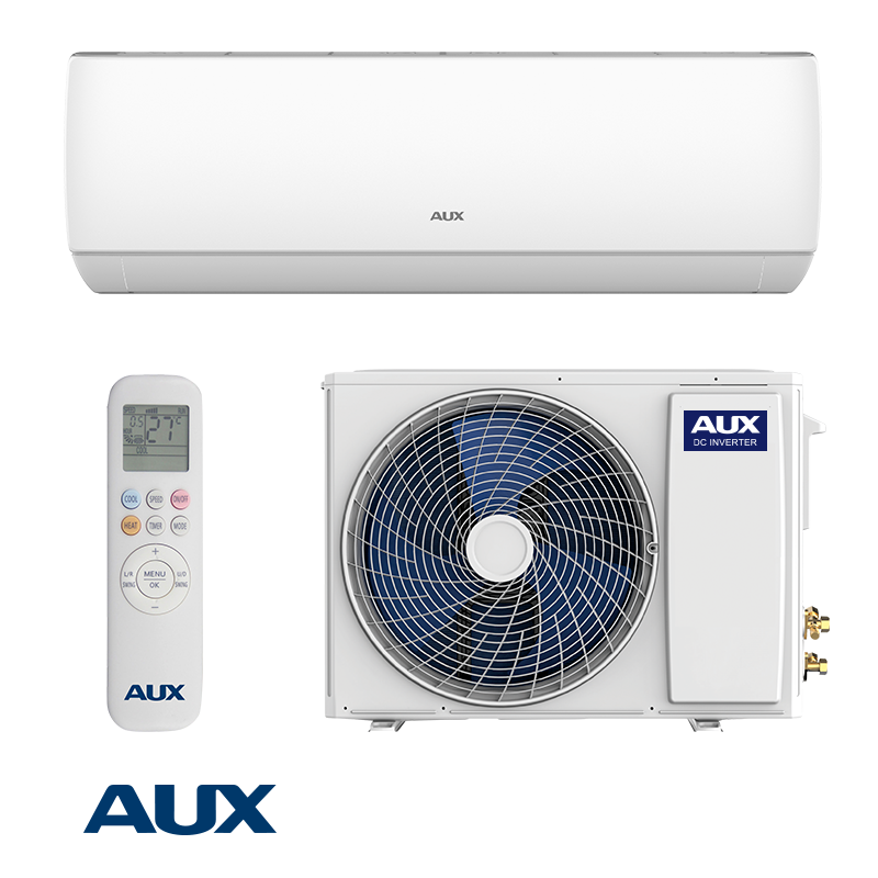 AUX J-Smart ASW-H12C5C4/JOR3DI-B8 inverter air conditioner with 12,000 BTU, Wi-Fi control, PM2.5 sterilization, designed for rooms up to 23m², includes indoor unit, outdoor unit, and remote control.