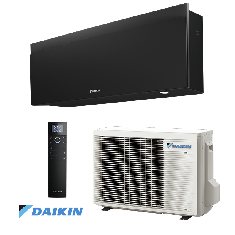 Daikin Emura 3 FTXJ25AB inverter air conditioner in matte black with remote control and outdoor unit