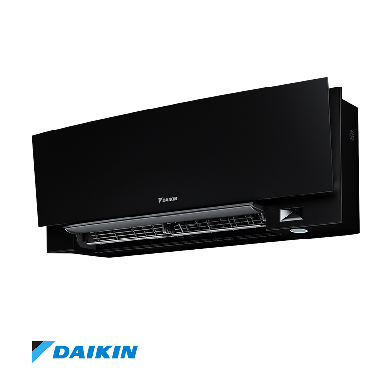Daikin Emura 3 FTXJ25AB inverter air conditioner in matte black with remote control and outdoor unit