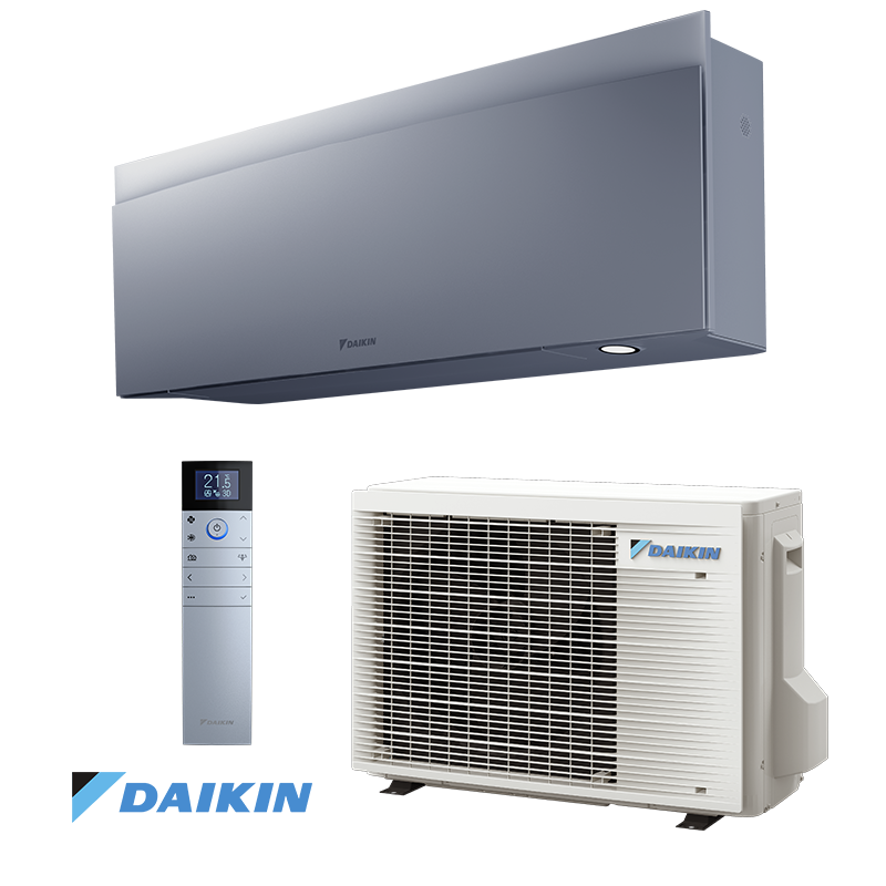 Daikin Emura 3 FTXJ20AS inverter air conditioner with sleek indoor unit, remote control, and efficient outdoor unit.
