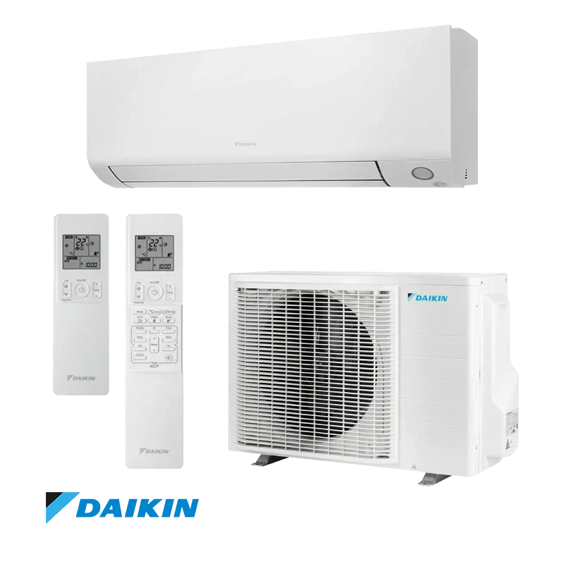 Daikin Perfera W white inverter air conditioner set with indoor and outdoor units and two remotes, 18,000 BTU, Wi-Fi enabled, energy efficient and quiet operation.